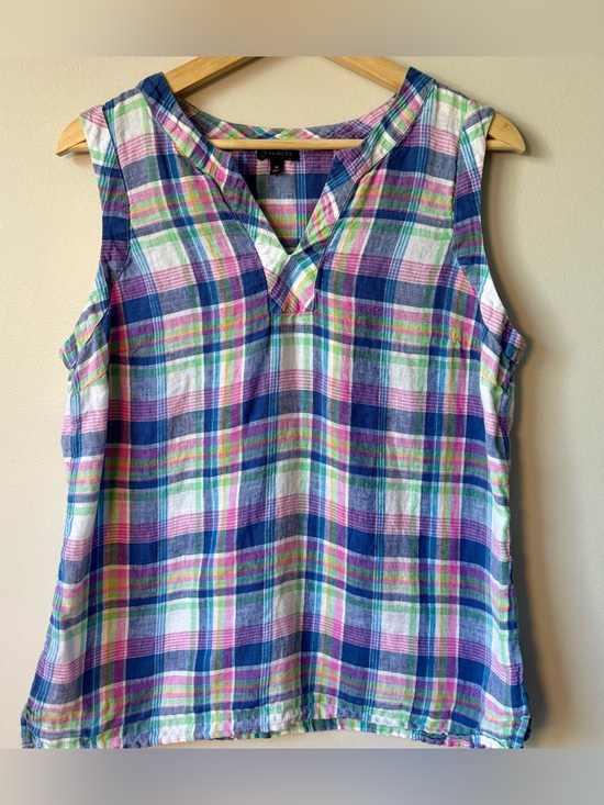Talbots Tops - Talbots 100% Linen Madras Plaid Sleeveless Split Neck Top Shell Size M